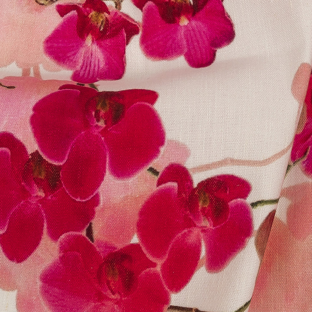Tilted Pink Orchids and Lily White Printed Stretch Linen and Rayon Woven