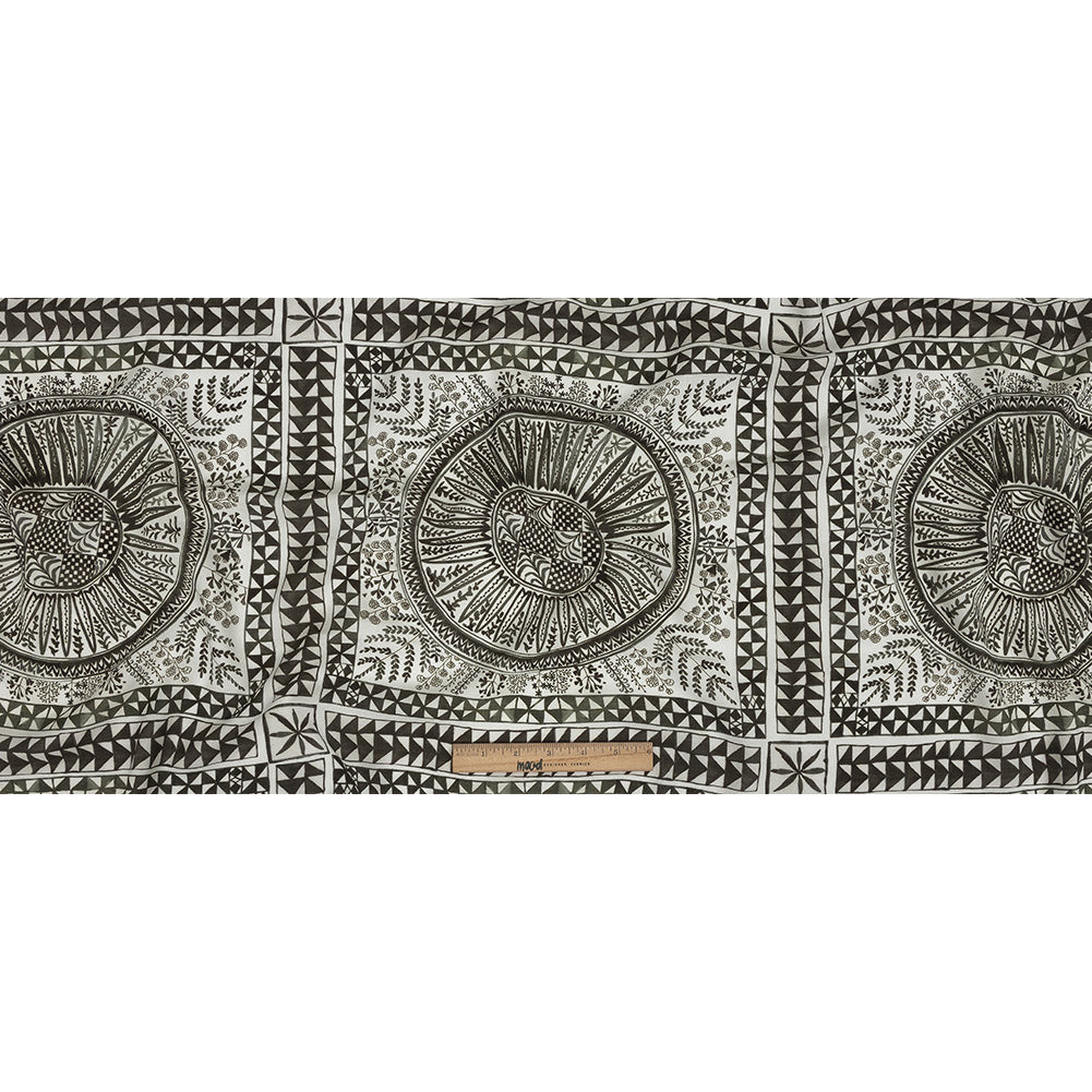 Lightweight Viscose-Linen Woven Print - Black and White Medallion and Geometric Squares - Mood Exclusive Large Heliocentric
