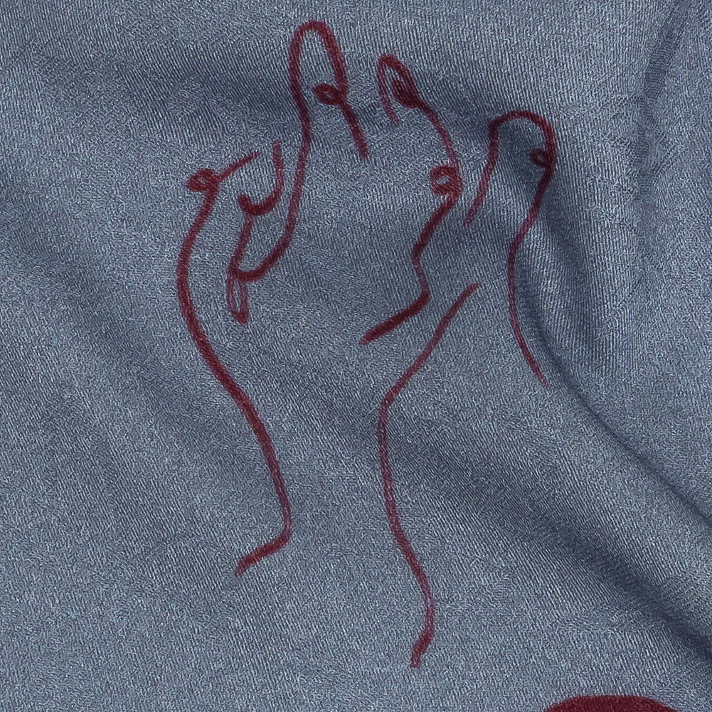 Leafy Viscose Jacquard Print - Blue and Wine Red Doodled Objects - Mood Exclusive Hand It Over