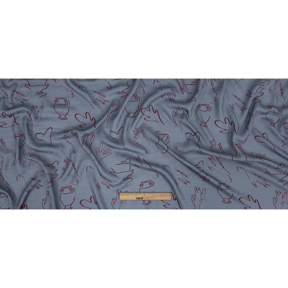 Leafy Viscose Jacquard Print - Blue and Wine Red Doodled Objects - Mood Exclusive Hand It Over