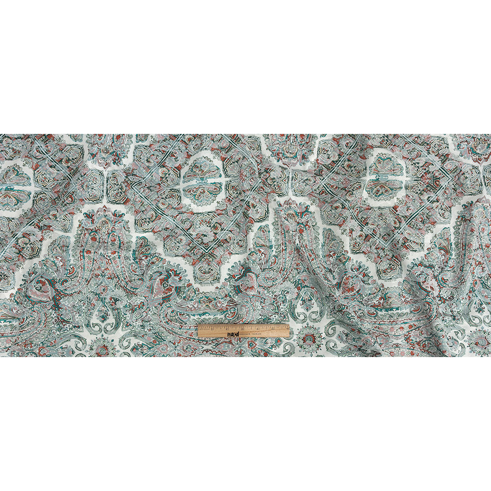 Stretch Floral Jacquard Print - Jade and Orange Ornate Medallions - Mood Exclusive Interlocking Configurations