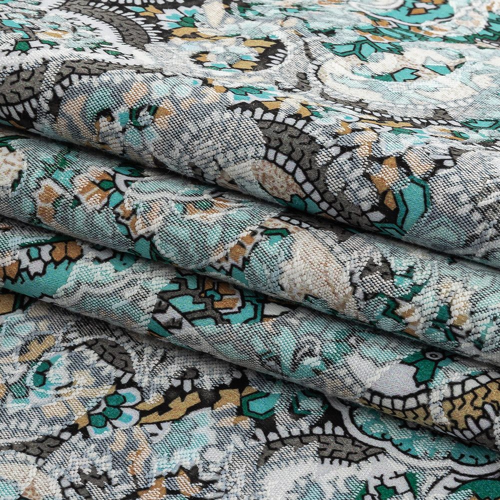 Stretch Floral Jacquard Print - Turquoise and Orange Ornate Paisley - Mood Exclusive Baroque Embellishments