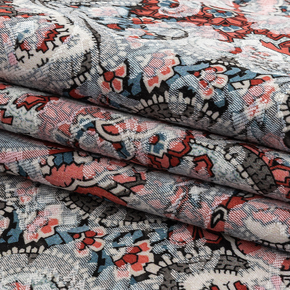 Stretch Floral Jacquard Print - Coral and Red Ornate Paisley - Mood Exclusive Baroque Embellishments
