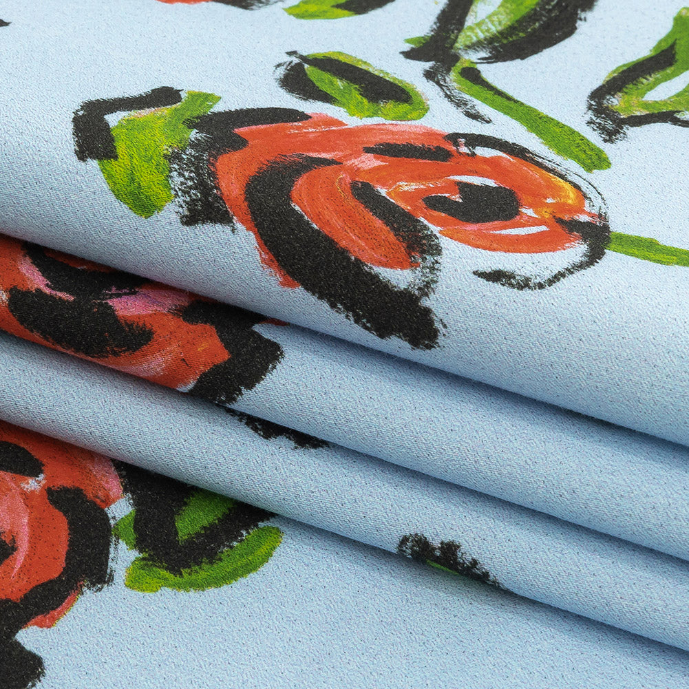 Stretch Cotton and Viscose Sateen Print - Light Blue, Red and Green Roses - Mood Exclusive Mostly Rosy