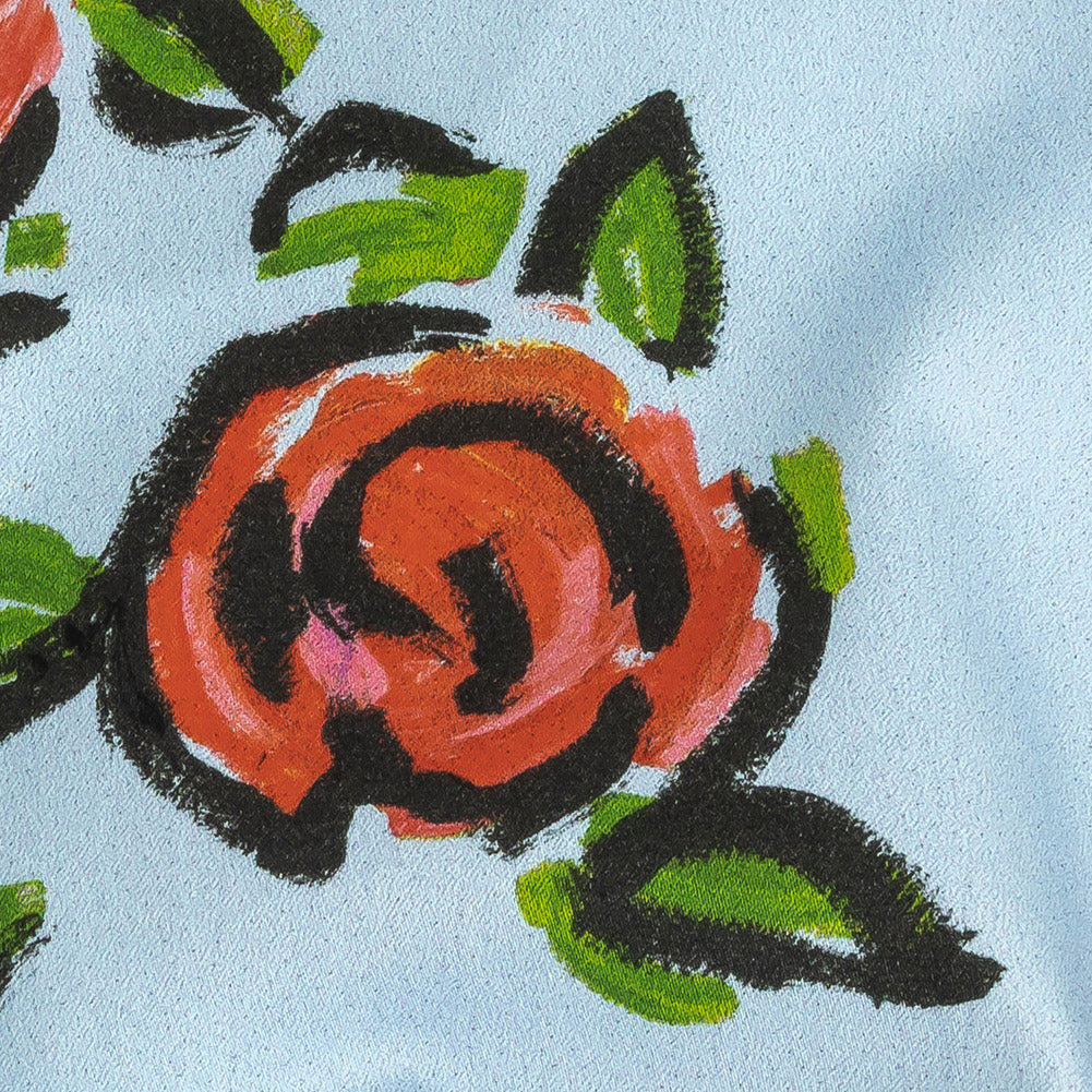 Stretch Cotton and Viscose Sateen Print - Light Blue, Red and Green Roses - Mood Exclusive Mostly Rosy