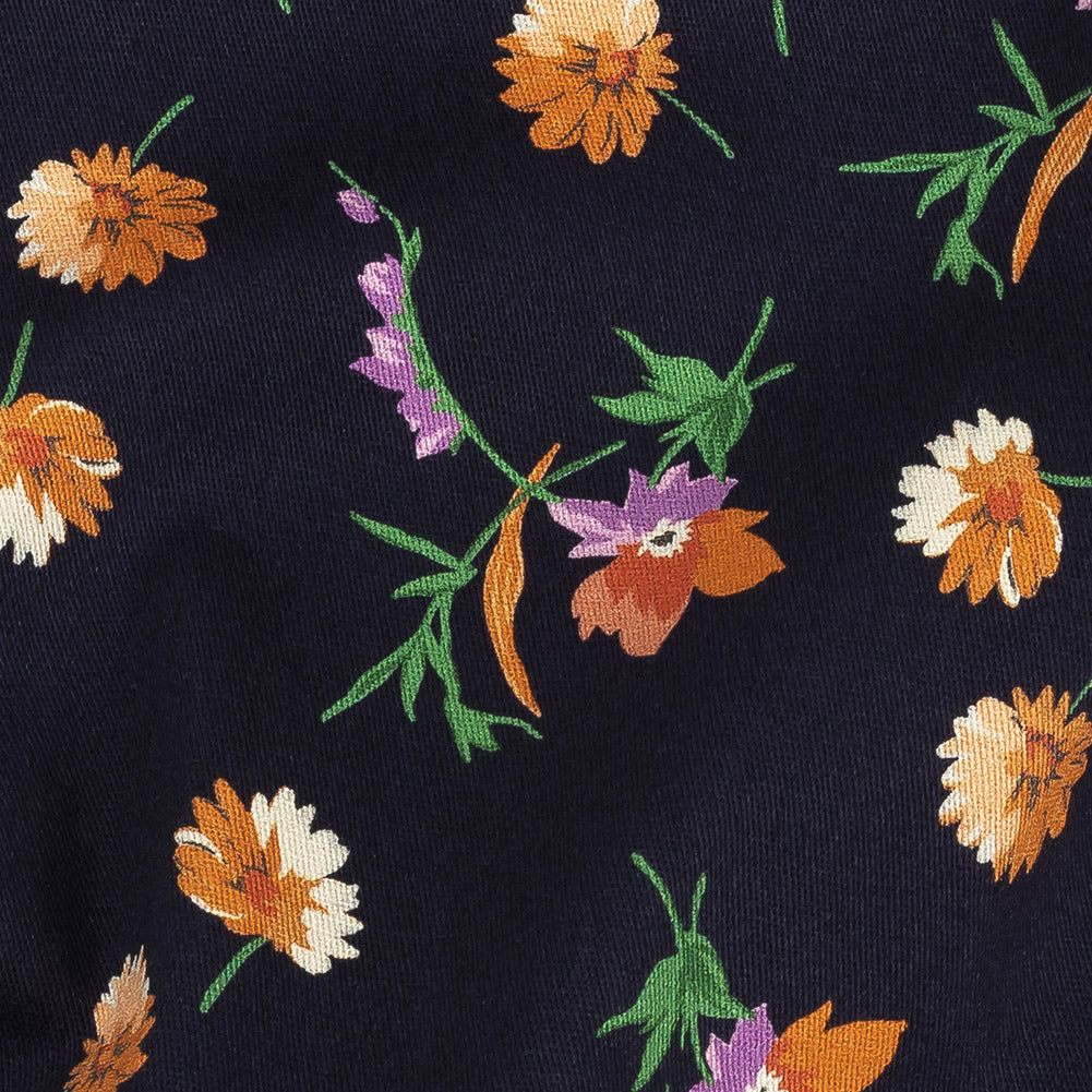 Stretch Cotton Twill Print - Midnight Navy and Orange Floral - Mood Exclusive Incandescent Waltz