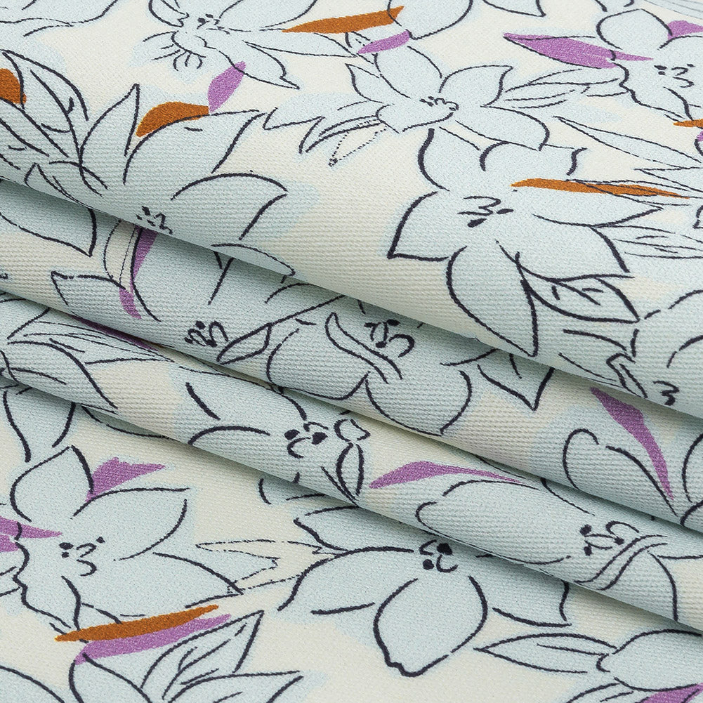 Stretch Cotton Twill Print - Ivory and Pale Blue Floral - Mood Exclusive Freesia Flock