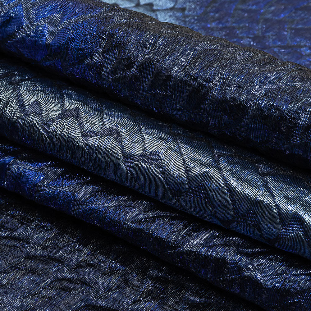 Metallic Royal Blue, Silver and Black Abstract Mosaic Luxury Brocade