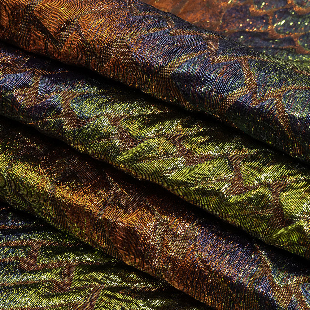 Metallic Orange, Lime and Navy Abstract Mosaic Luxury Brocade