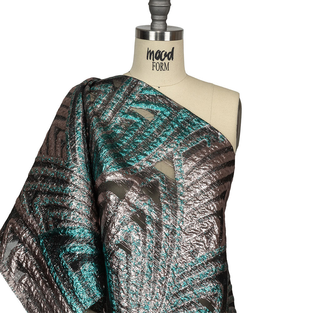 Metallic Teal and Pale Pink Abstract Sheer Luxury Burnout Brocade