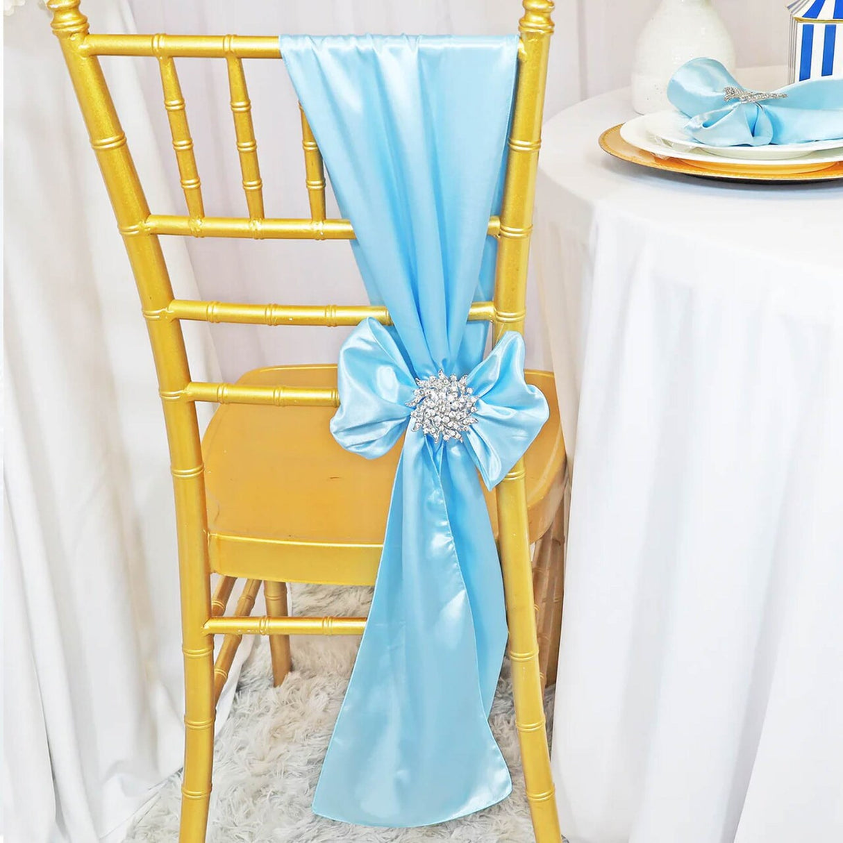 10 Pieces Baby Blue Satin Chair Sashes Soft 8"x108" Event Decor