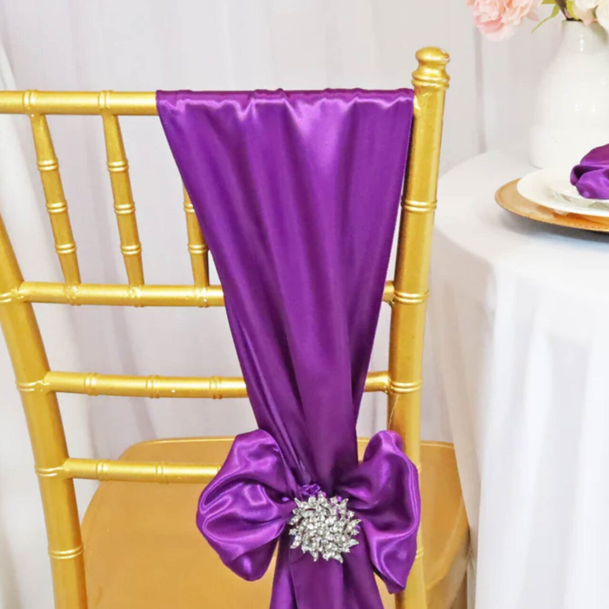 10 Pieces Purple Satin Fabric Chair Wraps, 8"x108" Stylish Decor Bands