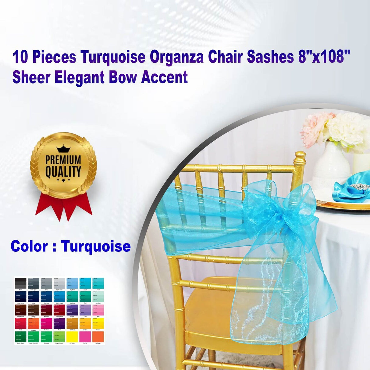10 Pieces Turquoise Organza Chair Sashes 8"x108" Sheer Elegant Bow Accent