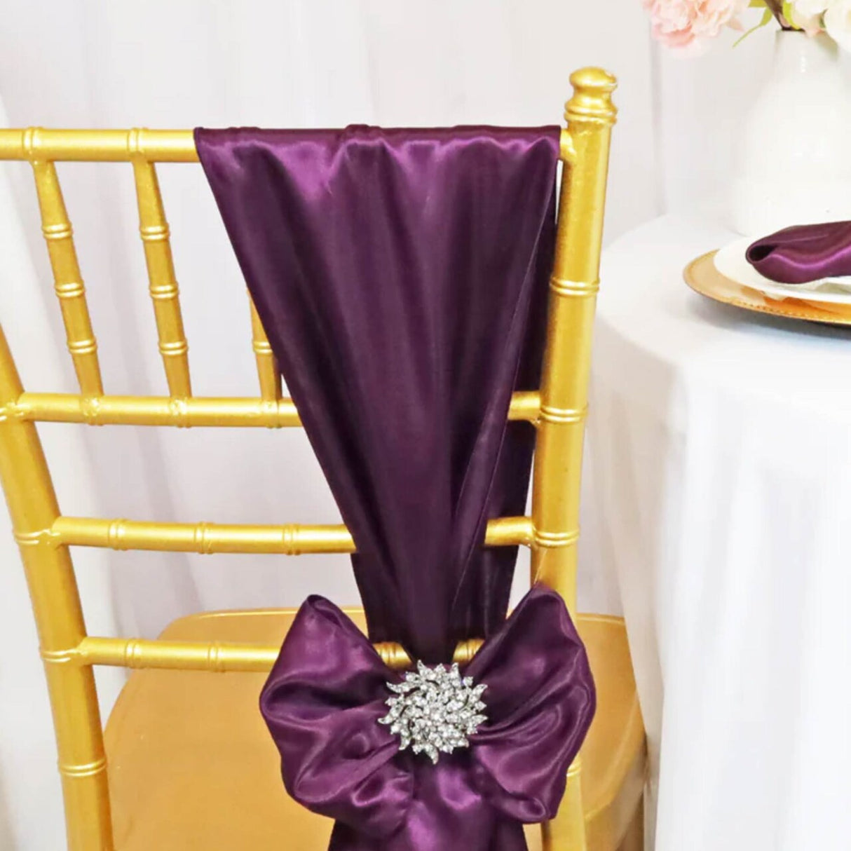 10 Pieces Plum Satin Chair Strips, 8"x108" Sophisticated Event Decorations