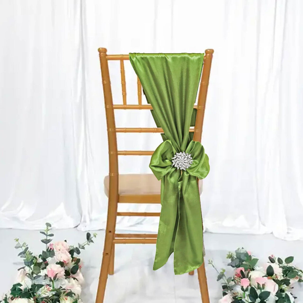 10 Pieces Moss Green Satin Chair Strips, 8"x108" Sophisticated Event Decorations
