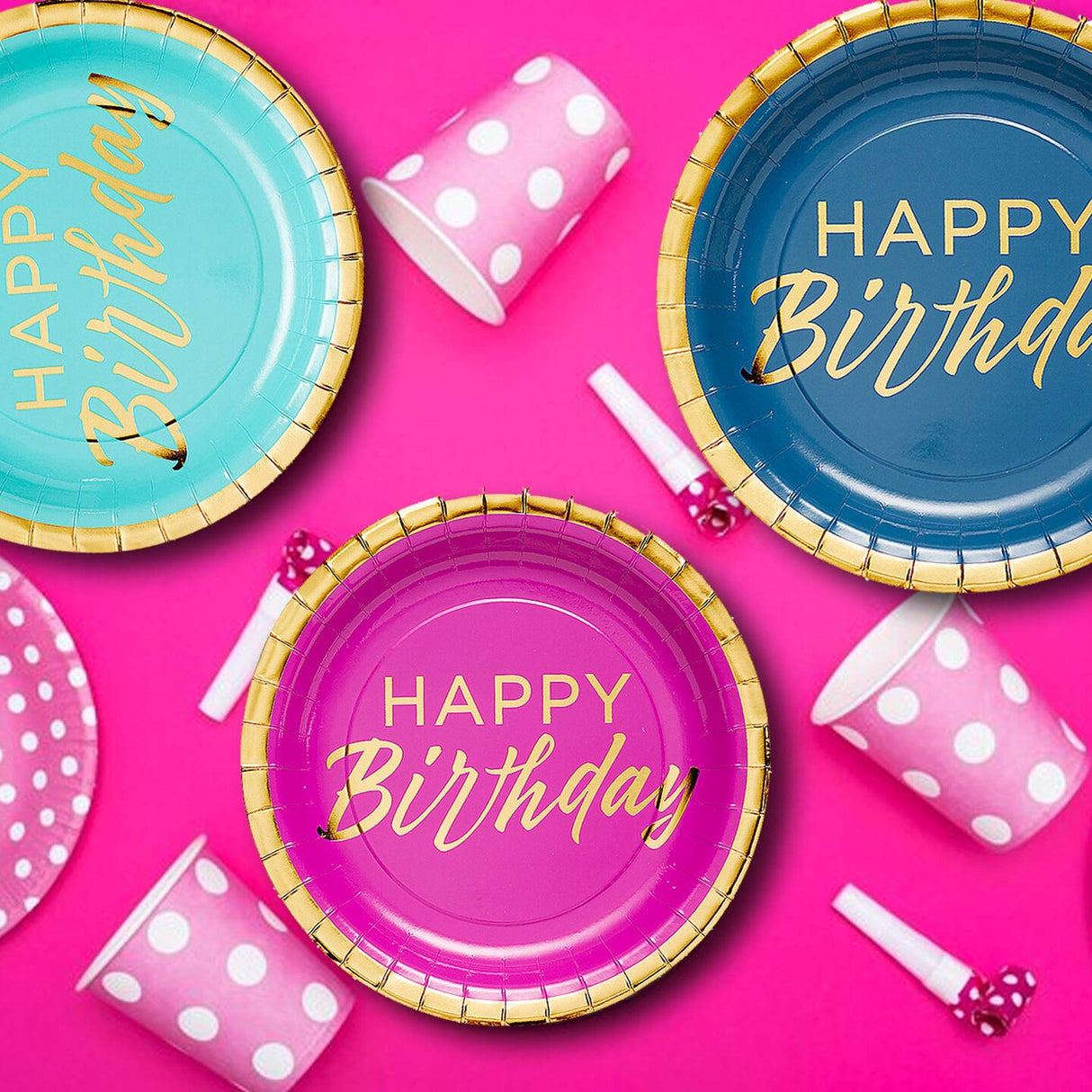 8 Count Gold Foil Happy Birthday Dinner Plates 9.25" Colorful Party Paper Plates for Celebrations