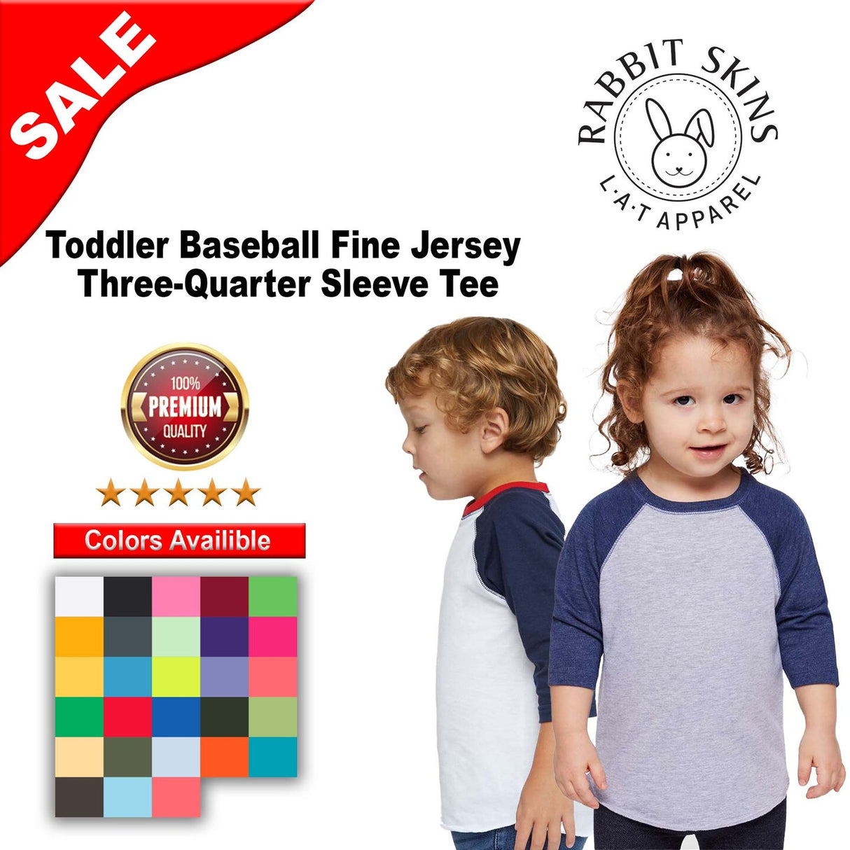 RADYAN® Toddler Baseball Fine Jersey Crewneck Three-Quarter Sleeve T-Shirt - 3330