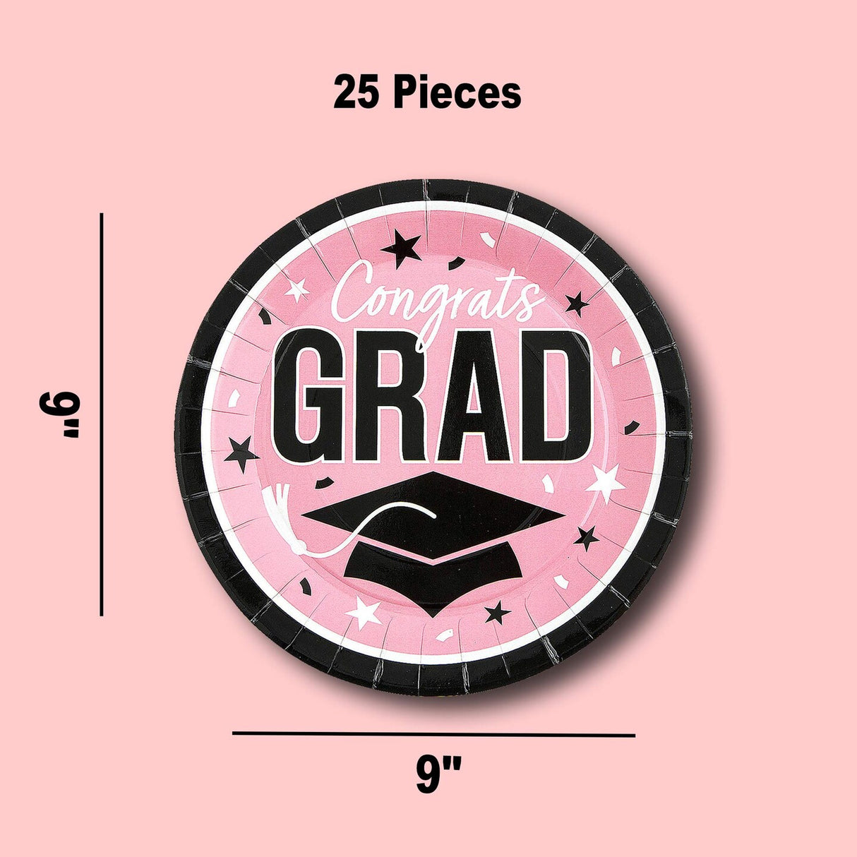 25 Count Pink Congrats Grad Plates 9 Inch Round Disposable Supplies for Graduation Parties