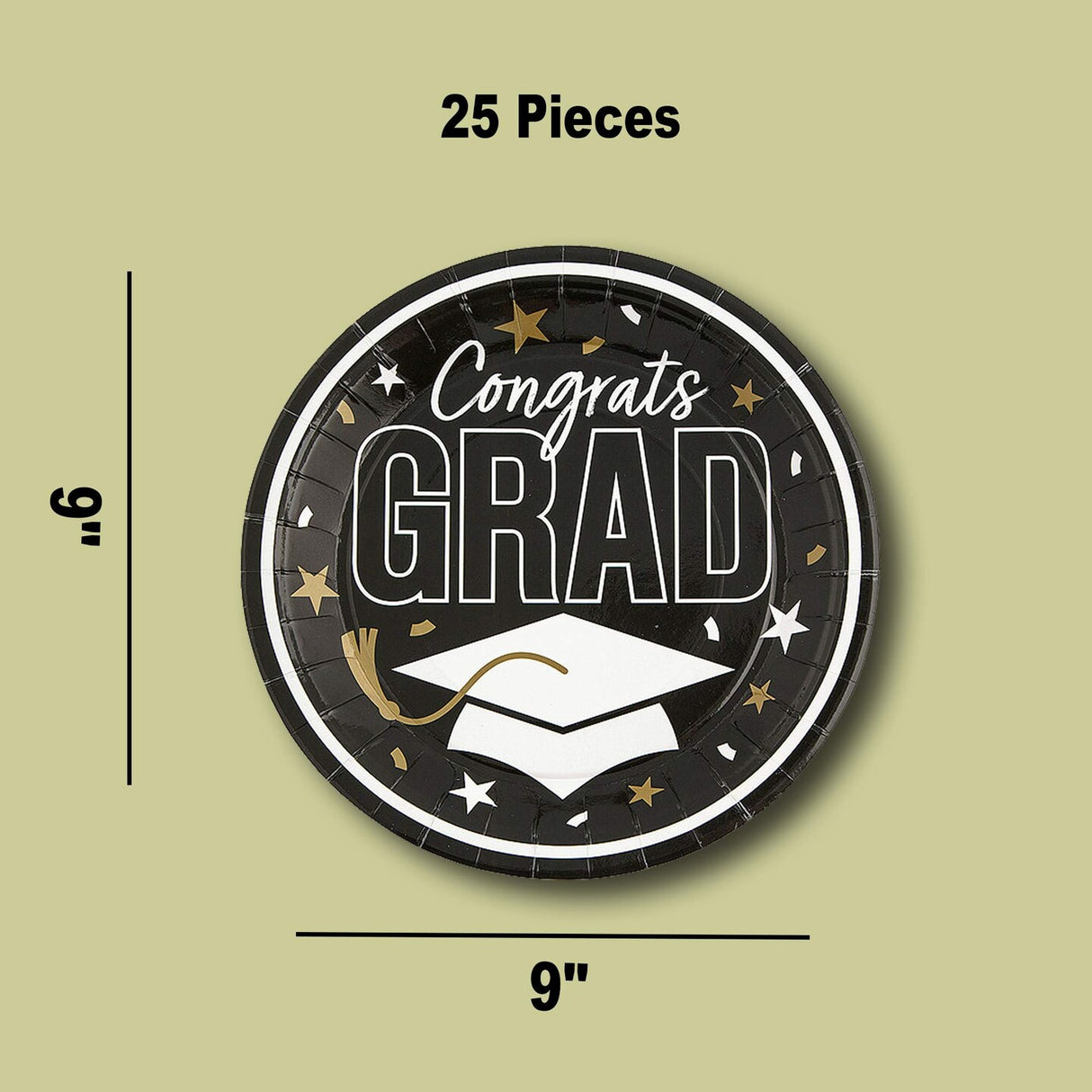 25 Count Black Congrats Grad 9 Inch Round Paper Plates for Graduation Party Supplies