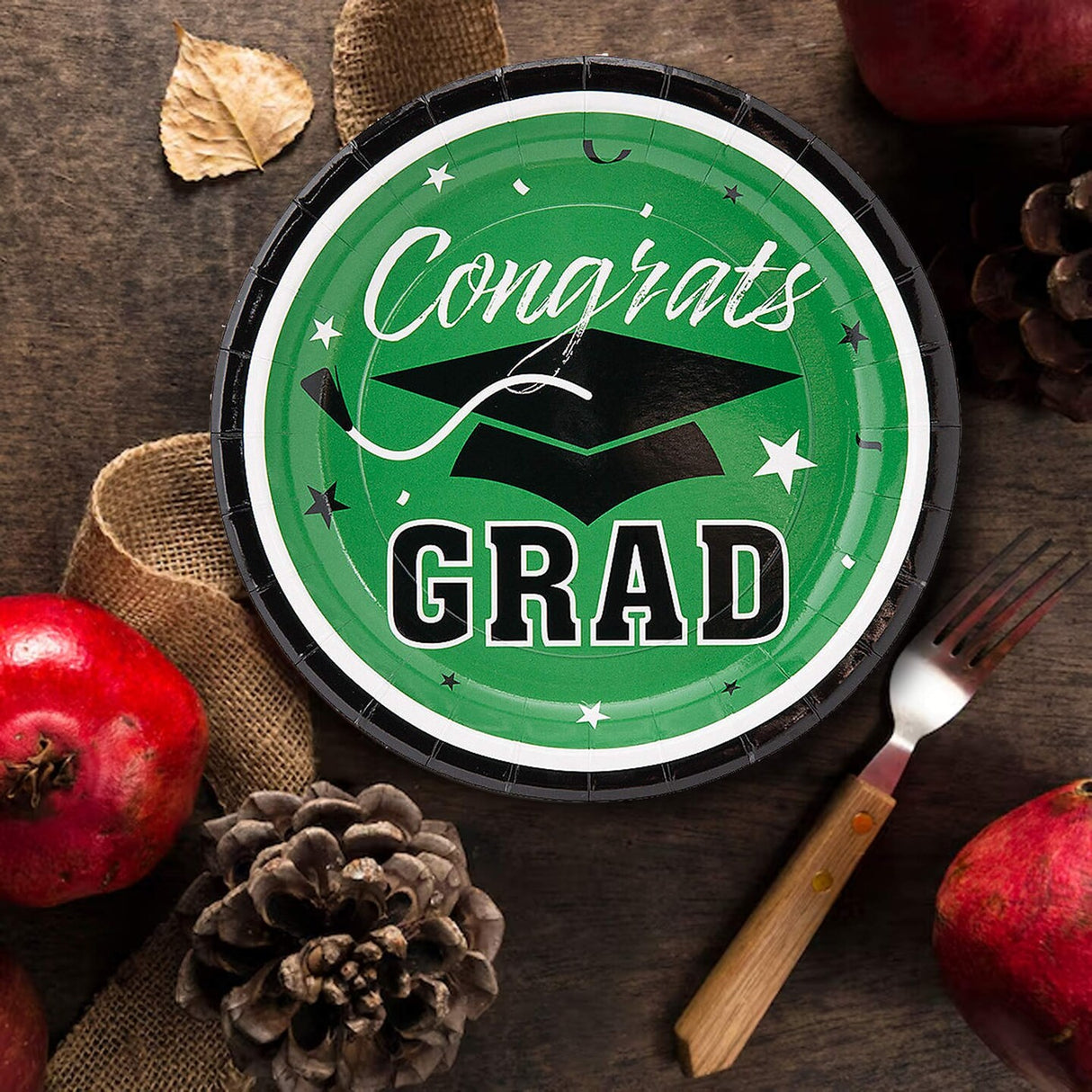 25 Count Green Way to Go Grad Paper Dessert Plates Grad Supplies Collection 7 1/4 Inch