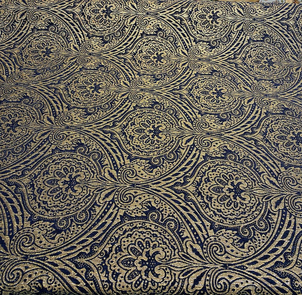 Medellin Damask Upholstery Fabric - Navy Blue Gold Damask, 58" Width (1 Yard)