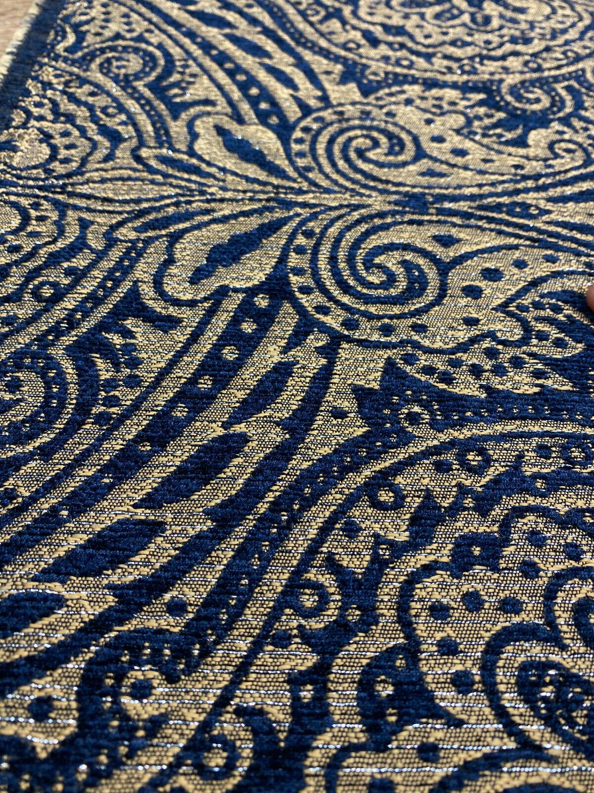 Medellin Damask Upholstery Fabric - Navy Blue Gold Damask, 58" Width (1 Yard)