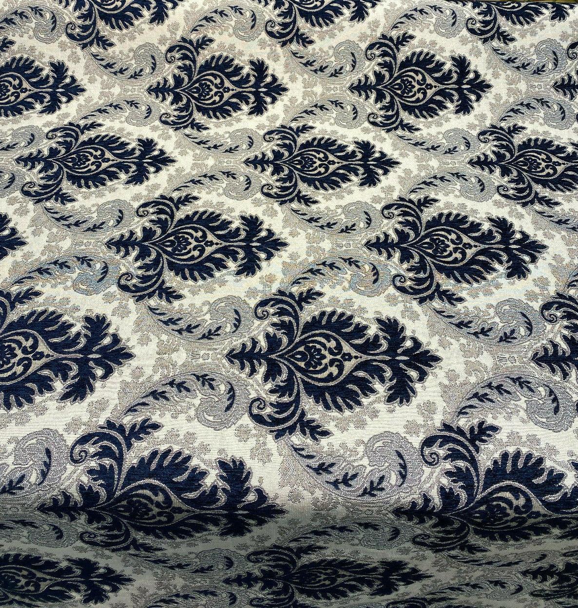 Grenada Damask Upholstery Fabric - Navy Blue, Silver Damask, 58" Width (1 Yard)