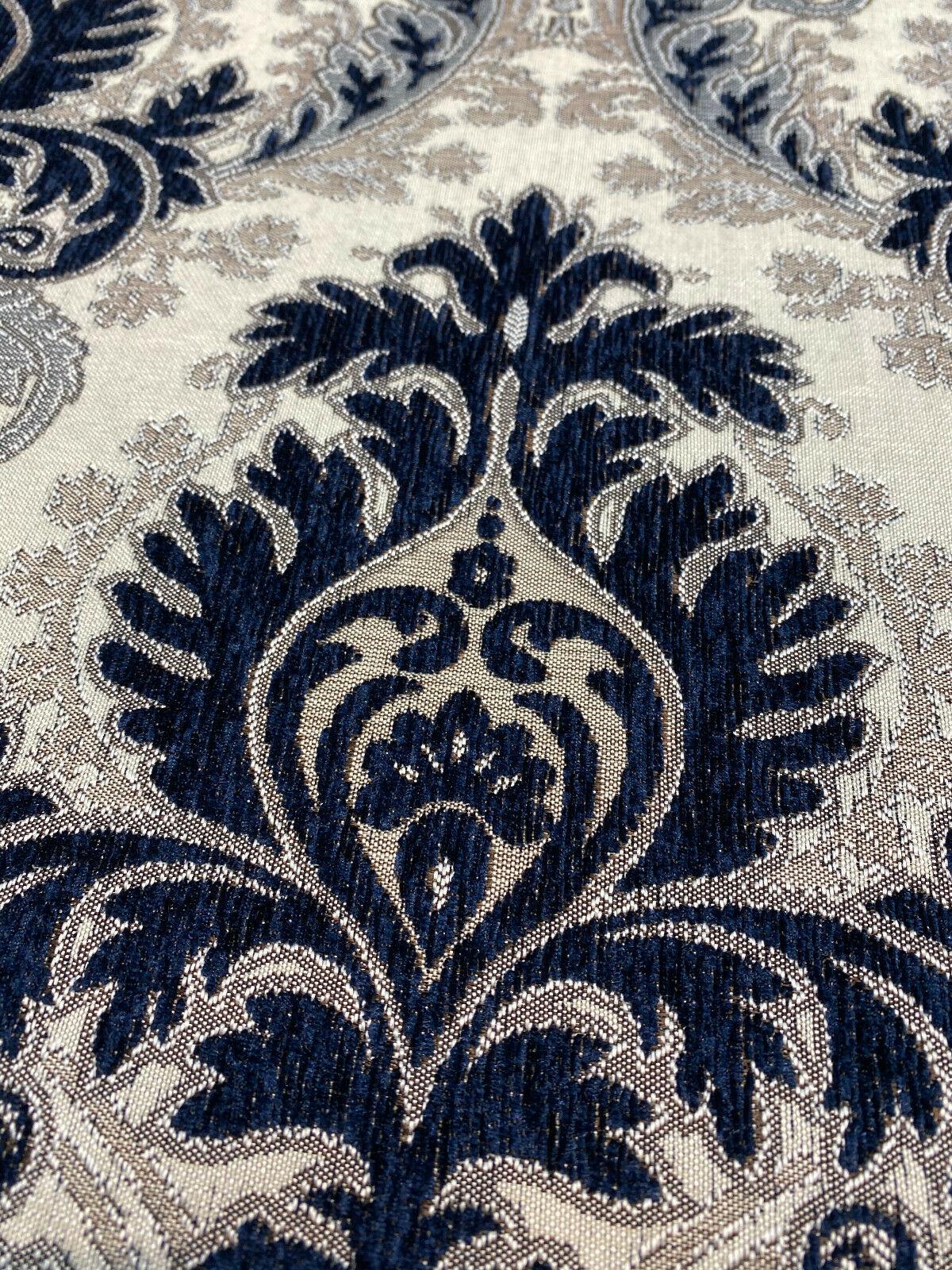 Grenada Damask Upholstery Fabric - Navy Blue, Silver Damask, 58" Width (1 Yard)