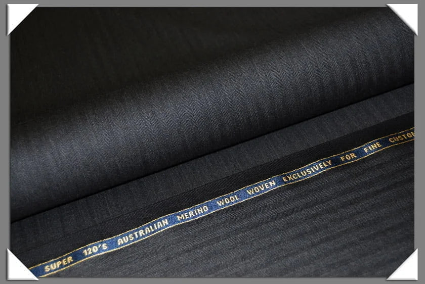 1 Yard Charcoal Super 120s Merino Wool Herringbone Fabric, Tailored Suit Material 58/60 Inches Wide