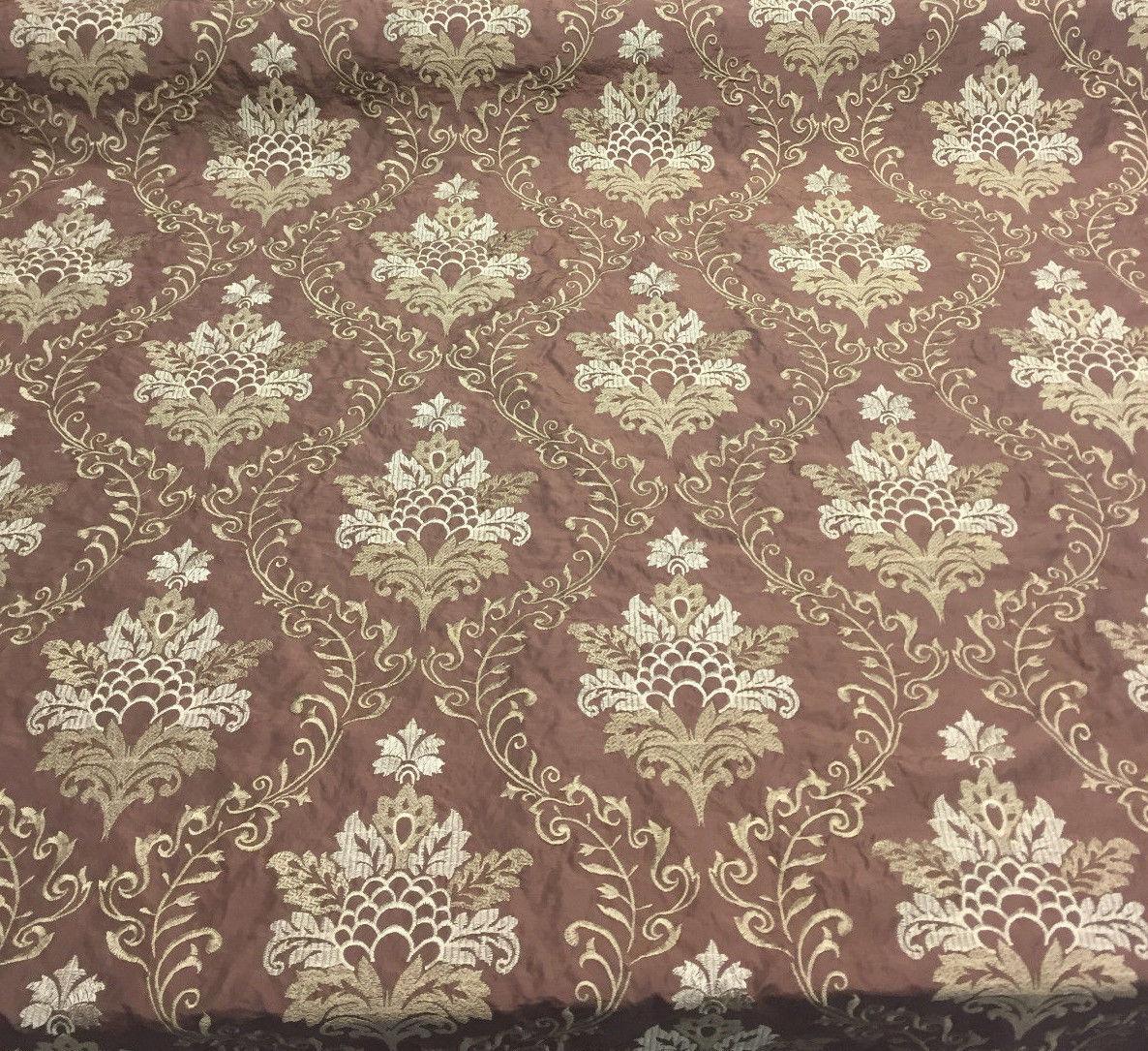 Brown Gold Damask Embroidered Faux Silk Polyester Fabric - Brown Gold Damask, 58" Width (1 Yard)
