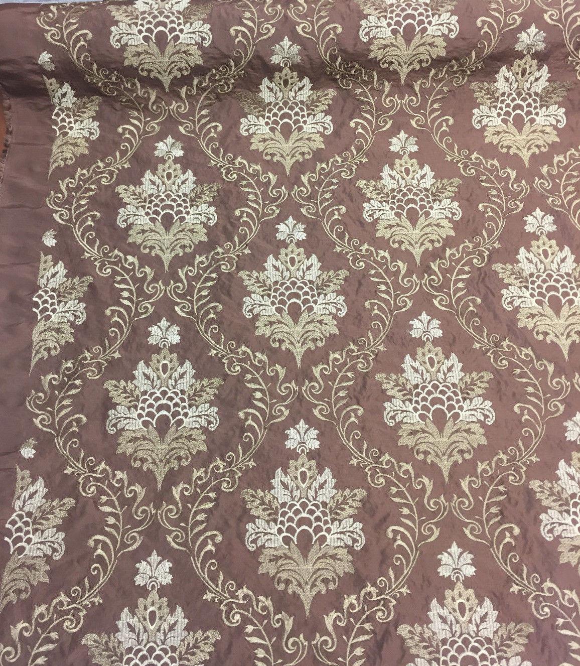 Brown Gold Damask Embroidered Faux Silk Polyester Fabric - Brown Gold Damask, 58" Width (1 Yard)
