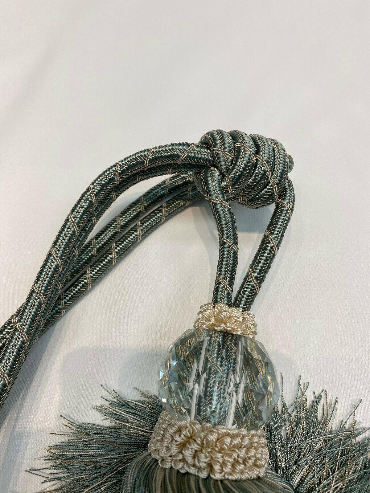 Aqua Blue Crystal Tassel Curtain Tiebacks - Polyester Cotton Fabric, Aqua Blue, Double-Corded, 31" Length (1 Piece)