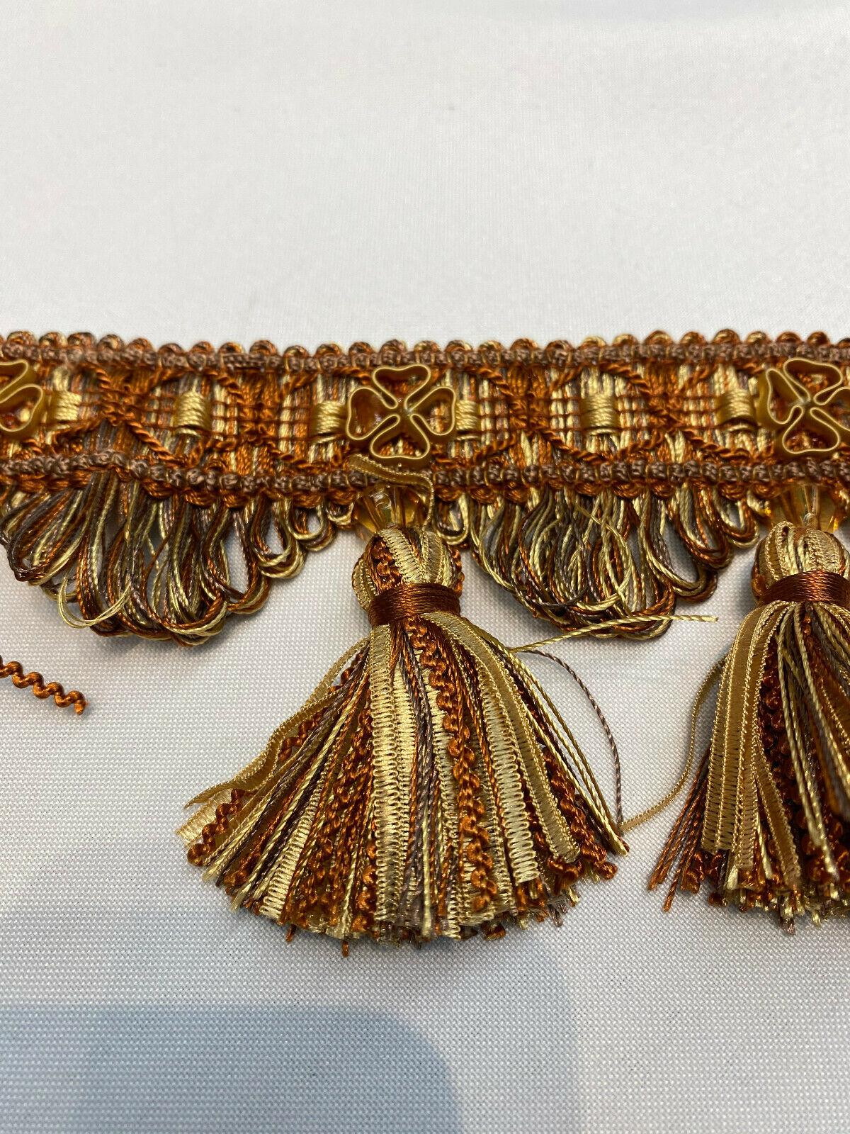 Delta Tassel Fringe Fabric - Rust Orange/Beige, 3.5" Vertical, 27 Yard Roll (1 Yard)