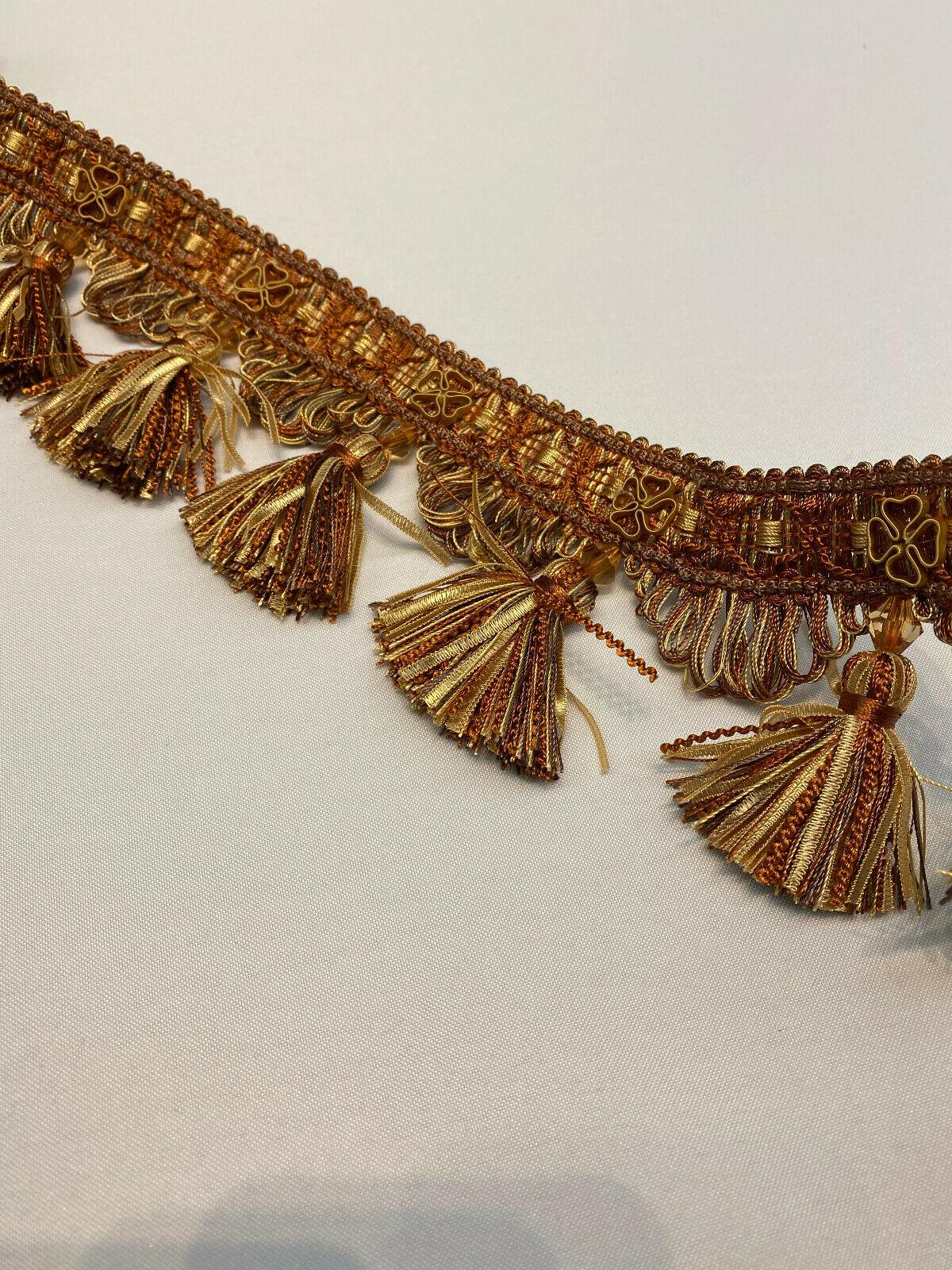 Delta Tassel Fringe Fabric - Rust Orange/Beige, 3.5" Vertical, 27 Yard Roll (1 Yard)