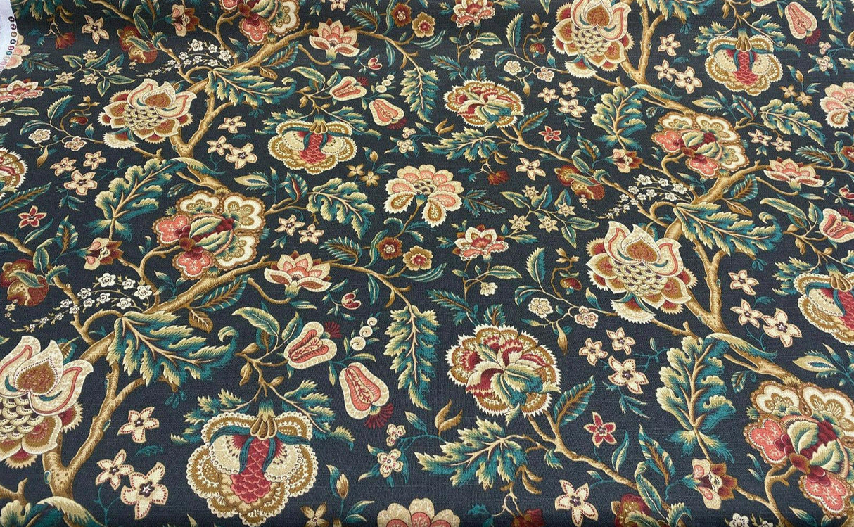 Imperial Dress Noir Onyx 100 Percent Cotton Fabric - Black, Green, Beige, Gold, Red Floral, 54" Width (1 Yard)