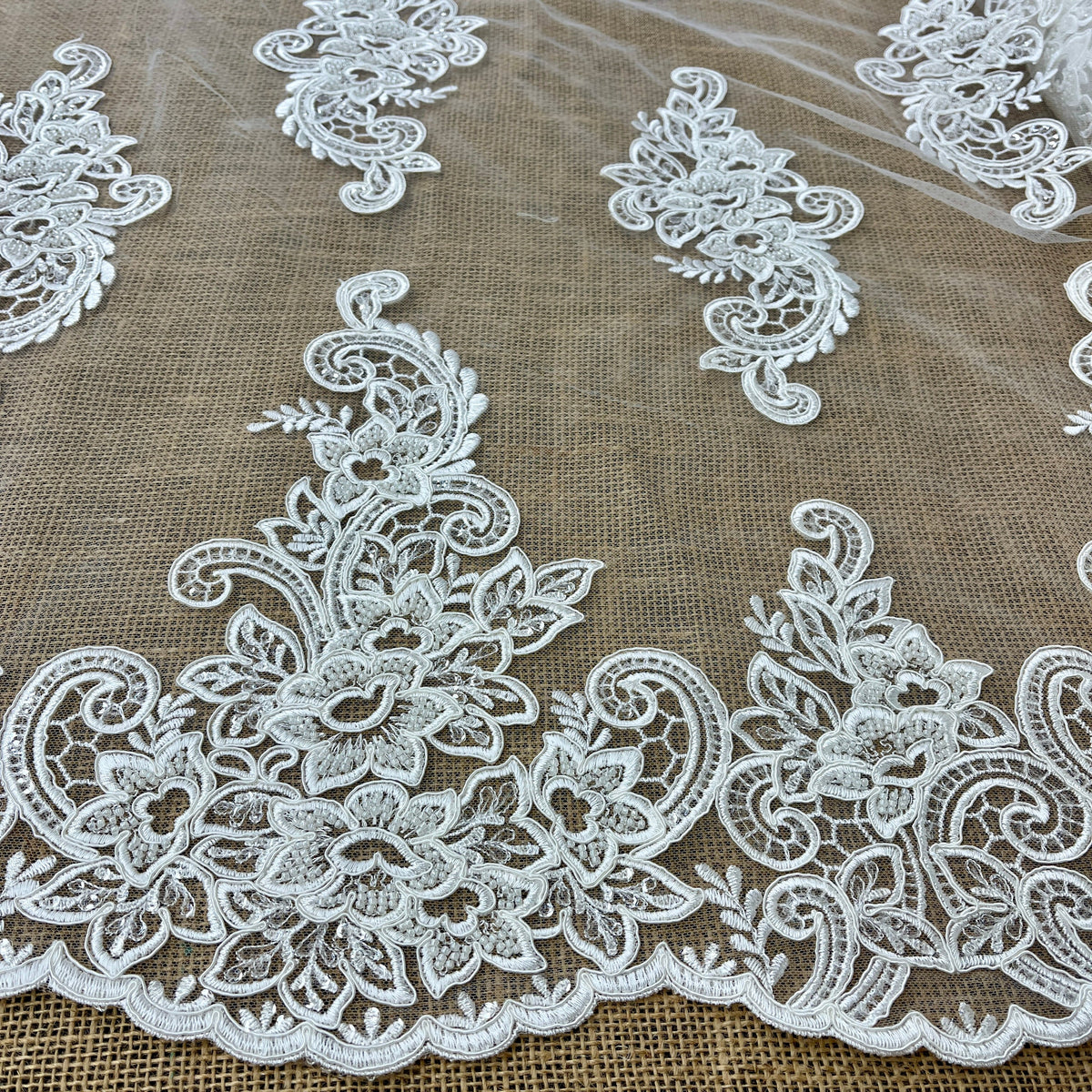 1 Yard 54 Inch Beaded and Corded Bridal Lace Fabric Ivory