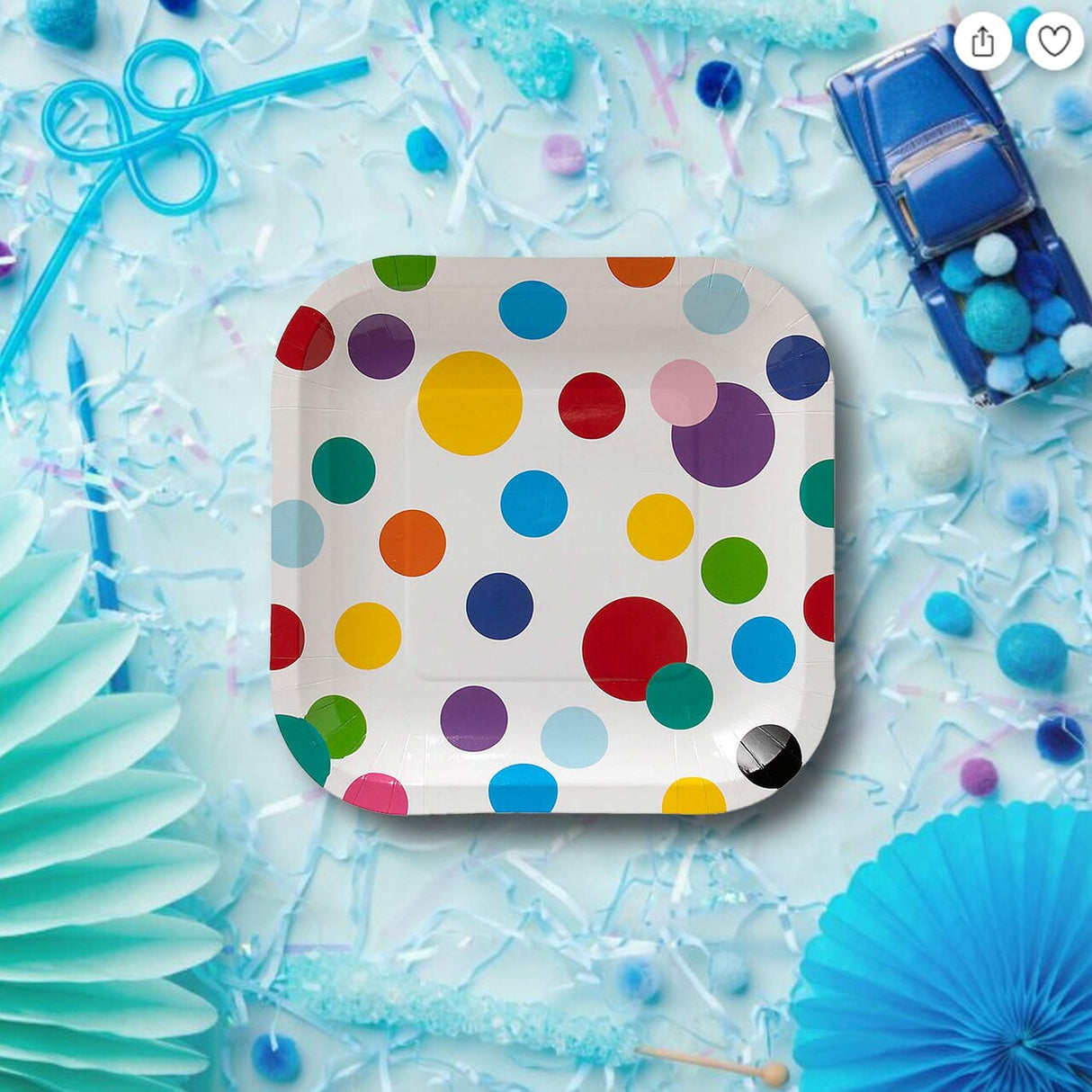 8 Ct. Colorful Polka Dot Square Dessert Plates 7" Disposable Plates, Fun Party Tableware