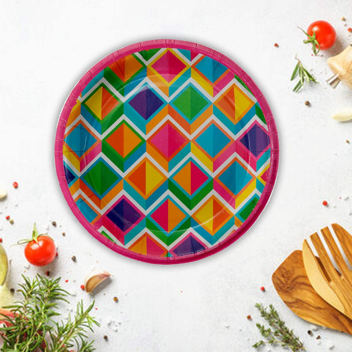 8 Ct. 7.25" Bright Geometric Dessert Plates Colorful Disposable Paper Party Plates