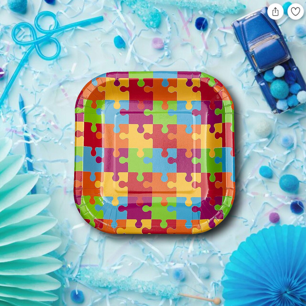 8 Ct. Game Night Puzzle Dessert Plates 7" Colorful Square Design