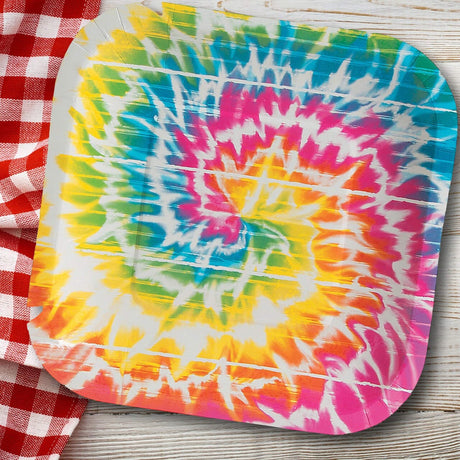 8 Ct. Beach Bum Tie-Dye Square Paper Dessert Plates 7" Disposable Plates, Groovy Party Tableware