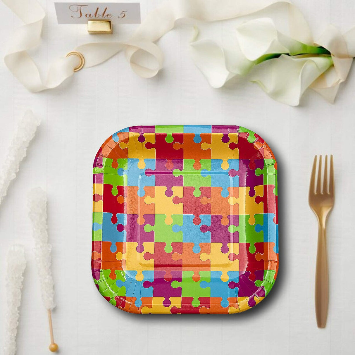 8 Ct. Game Night Puzzle Dessert Plates 7" Colorful Square Design