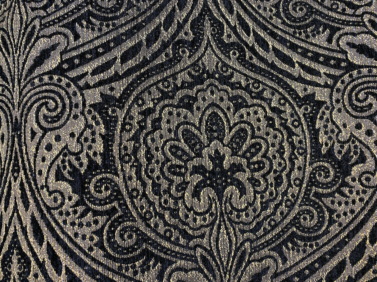 Medellin Damask Upholstery Fabric - Black Gold Damask, 58" Width, 14" Horizontal Repeat, 13" Vertical Repeat (1 Yard)