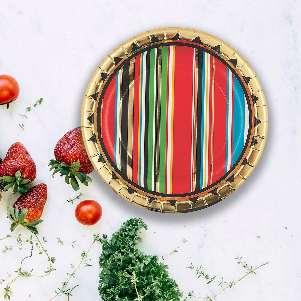 8 Count Gold Foil Viva Fiesta Paper Dessert Plates 7" Striped Serape Party Plates