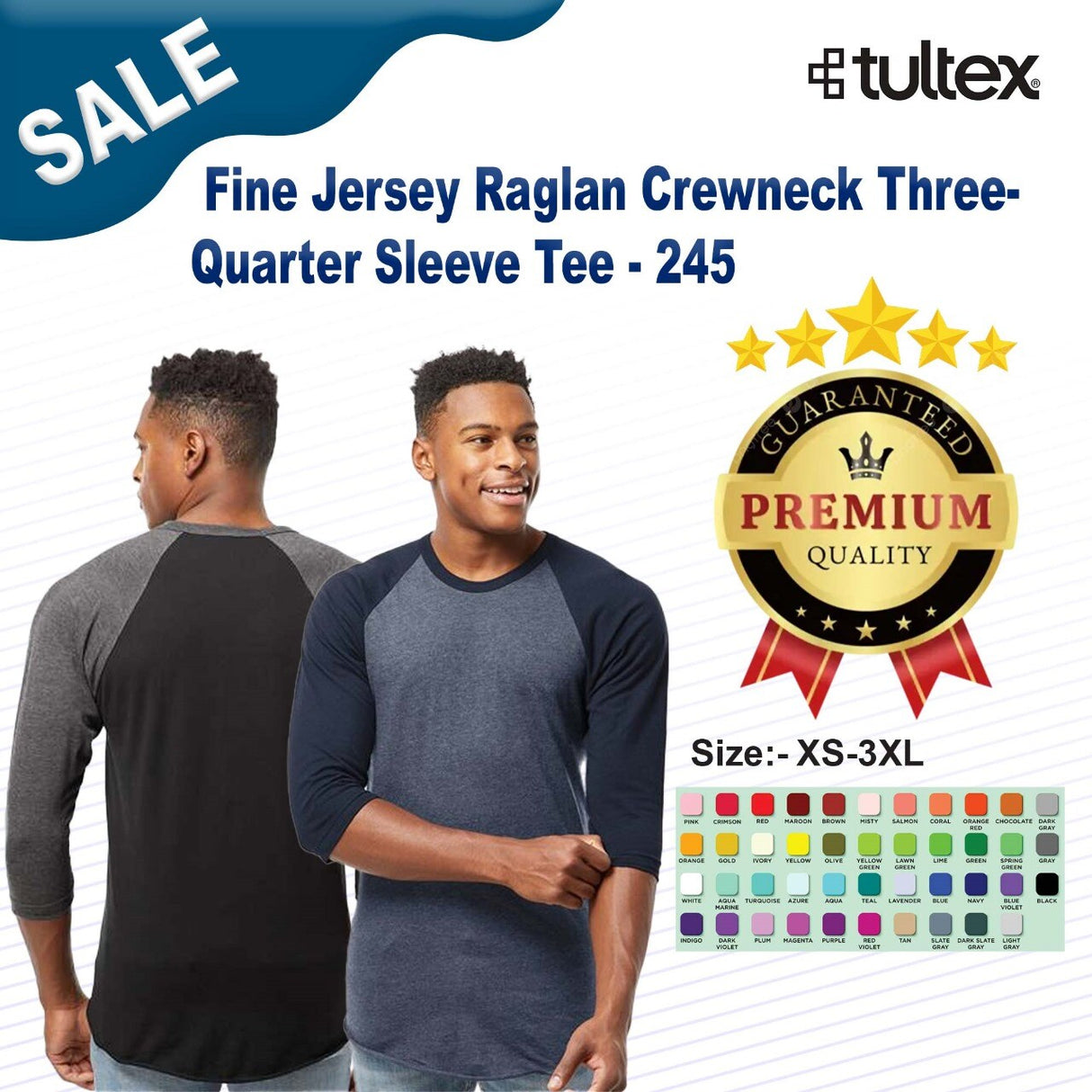 TULTEX® Fine Jersey Raglan Crewneck Three-Quarter Sleeve Tee