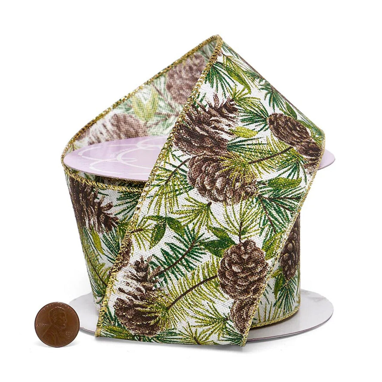 Classic Pinecones & Foliage Natural Wired Ribbon 2.5" x 10 Yards