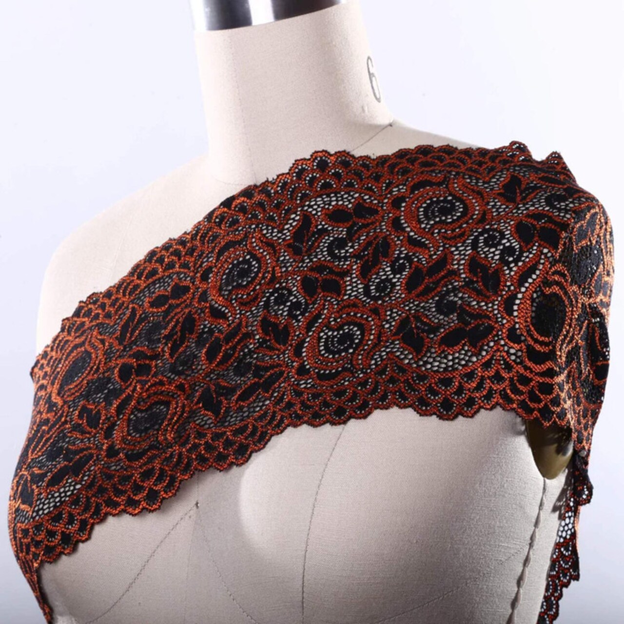 Orange and Black Rose Stretch Lace Trim 6" Wide Floral Elastic for Lingerie, Costumes & Crafts