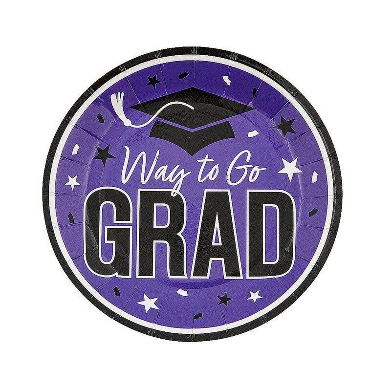 7 1/4" Purple "Way to Go Grad" Disposable Paper Dessert Plates 25 Count