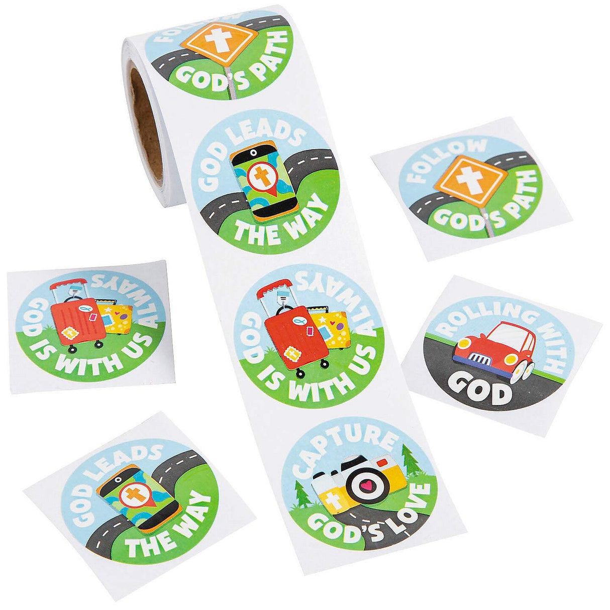 On the Road VBS Paper Sticker Roll 100 Pieces 1.5 Inch Travel & Faith Messages
