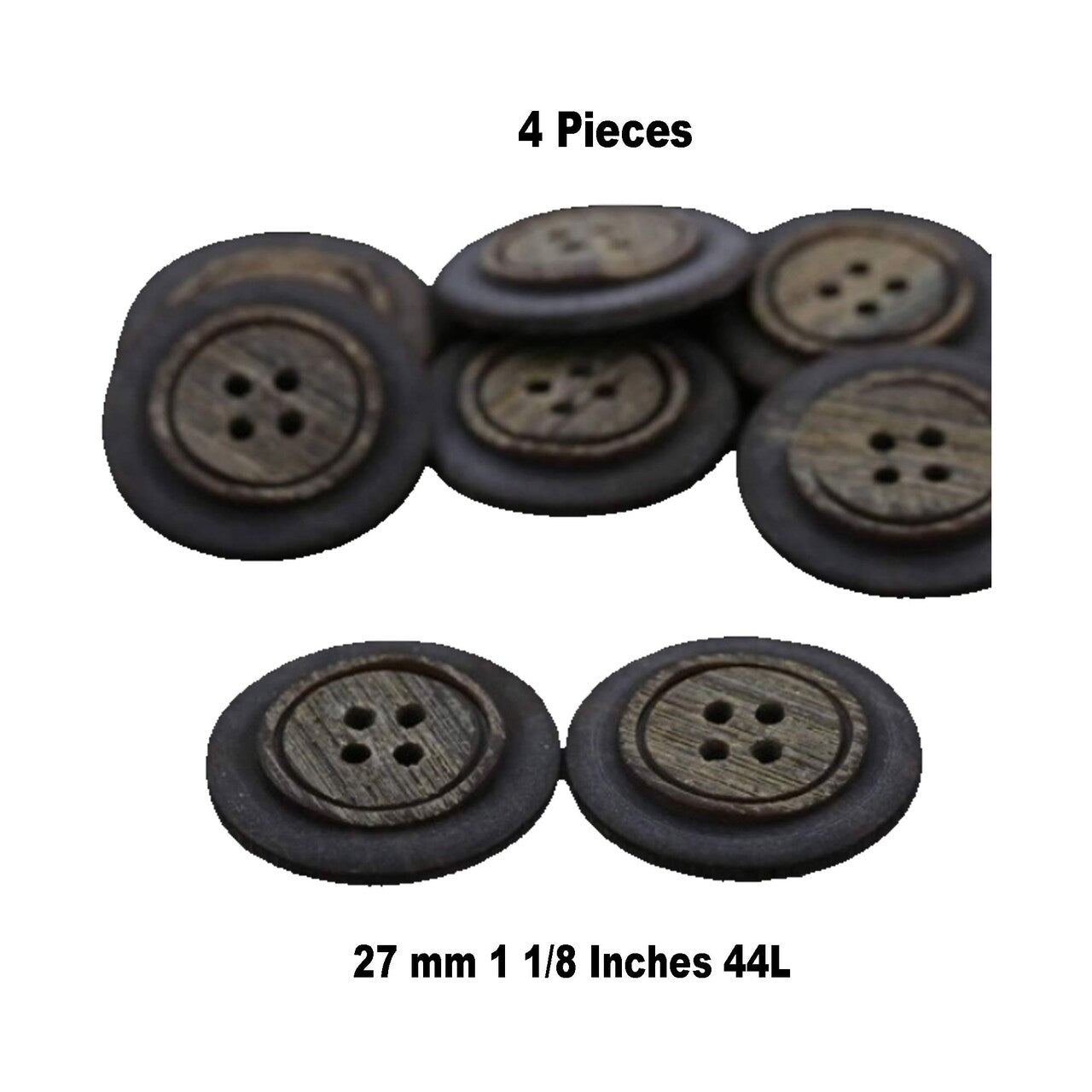 4 Brown Faux Wood Plastic Buttons Four-Hole, 27mm (1 1/8") Size