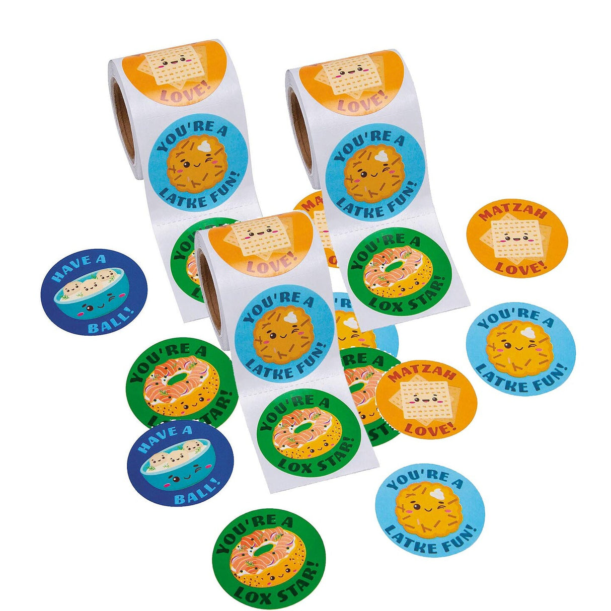 2 1/2" Bulk 100 Pc Hanukkah Jewish Food Characters Sticker Roll